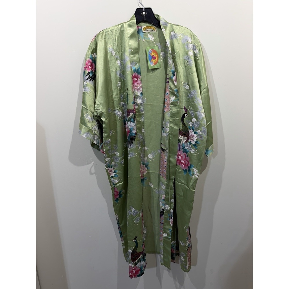 New Oriental Village Silk Collections Lime Green Kimono Rob Peacock Floral Print